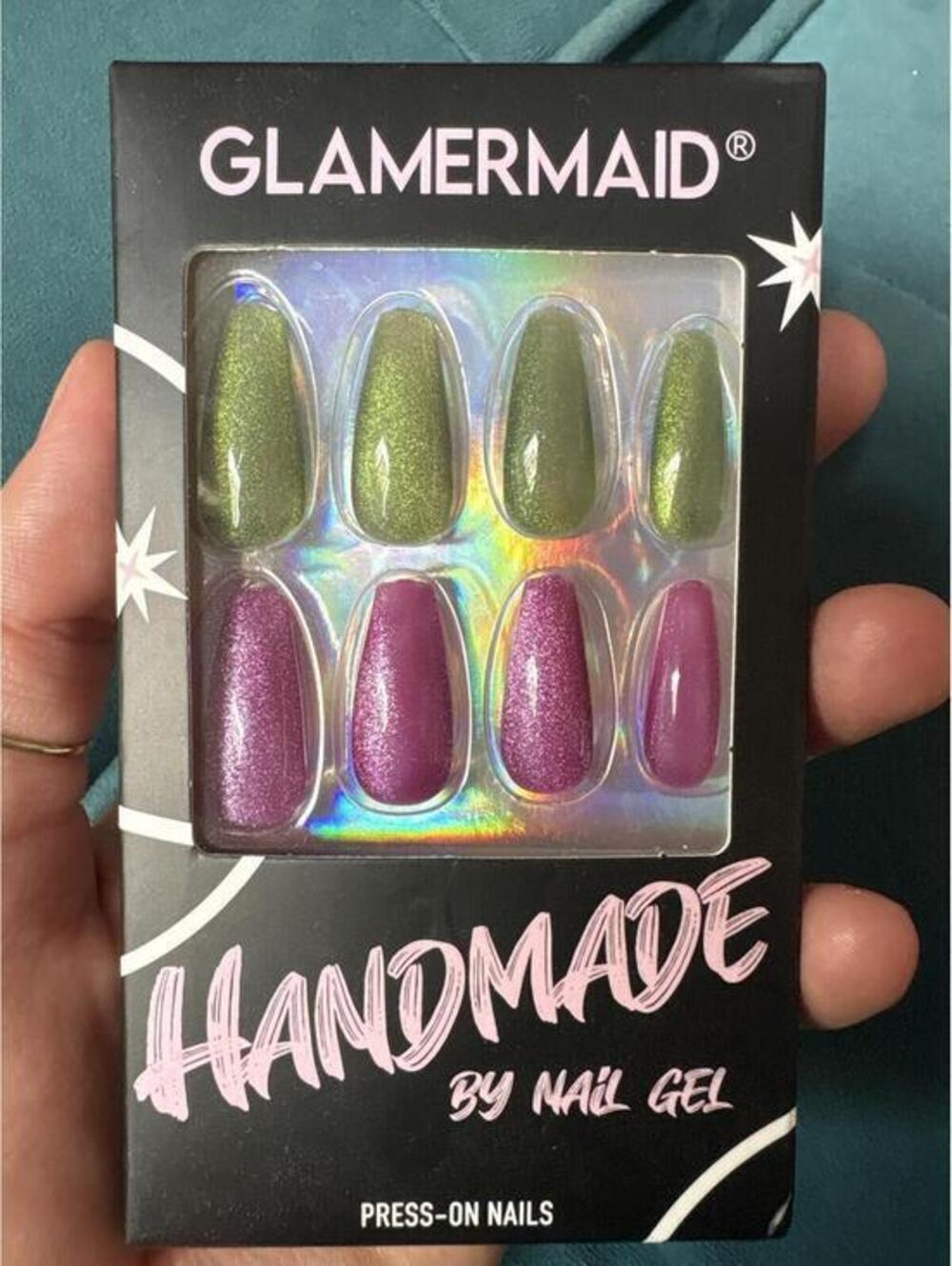 Glamermaid Press-on Nails! Cat Eye Watermelon Pink and Green Mirage (Handmade)